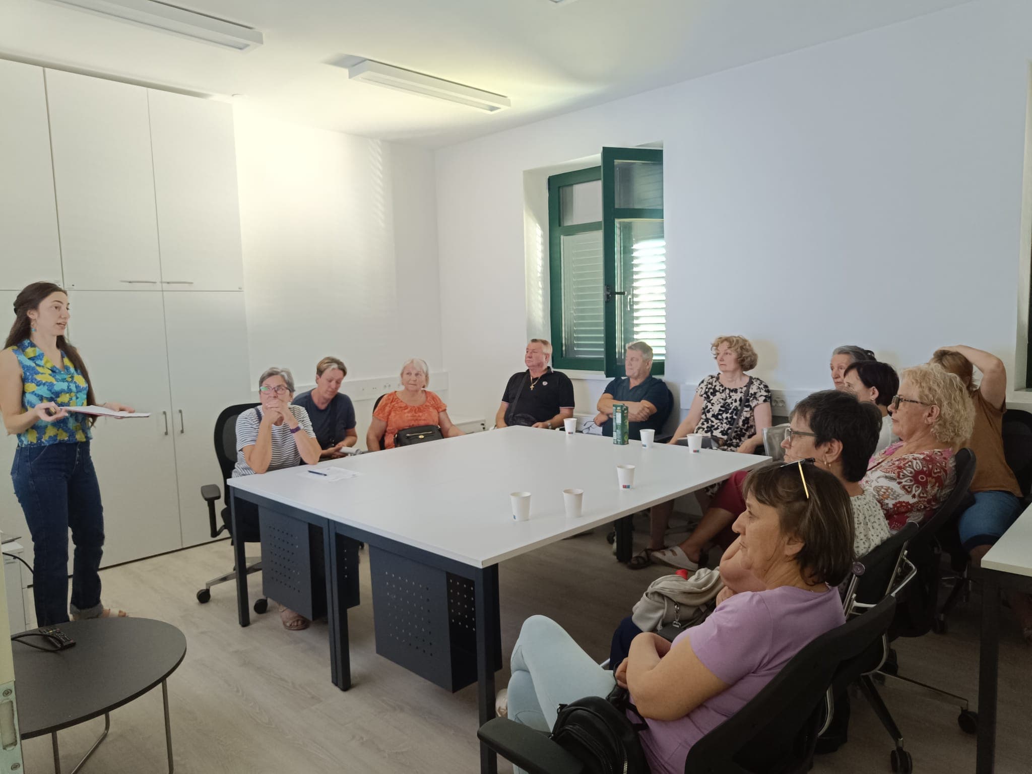Voditeljica radionice izlaže sudionicima za konferencijskim stolom
